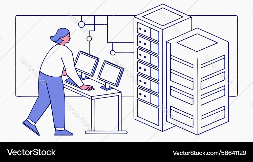 Network engineer working in server room design Vector Image