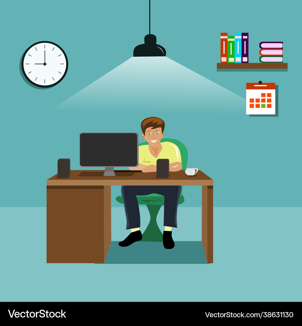 Man looking at computer on wooden table with blue Man looking at computer on wooden table with blue Vector Image