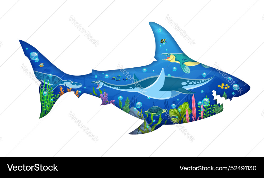 Prehistoric megalodon paper cut silhouette frame Prehistoric megalodon paper cut silhouette frame vector image