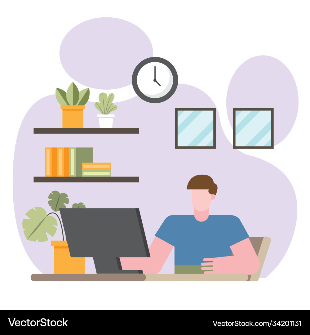 Man with computer working at desk from home vector image