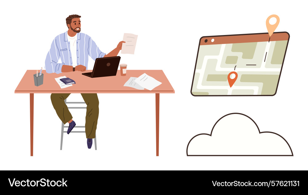 Professional working with laptop and map app Professional working with laptop and map app vector image