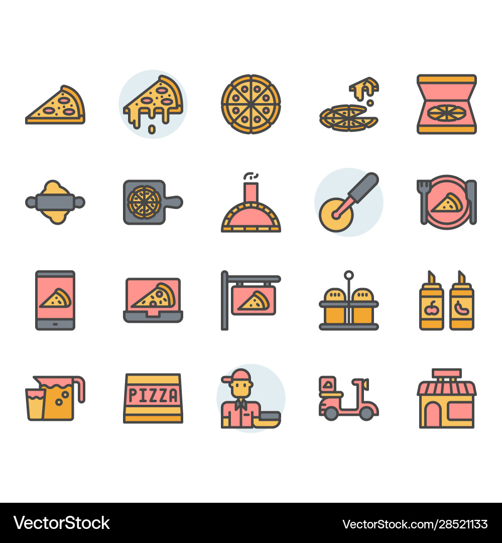 Pizza icon and symbol set in color outline design Pizza icon and symbol set in color outline design Vector Image
