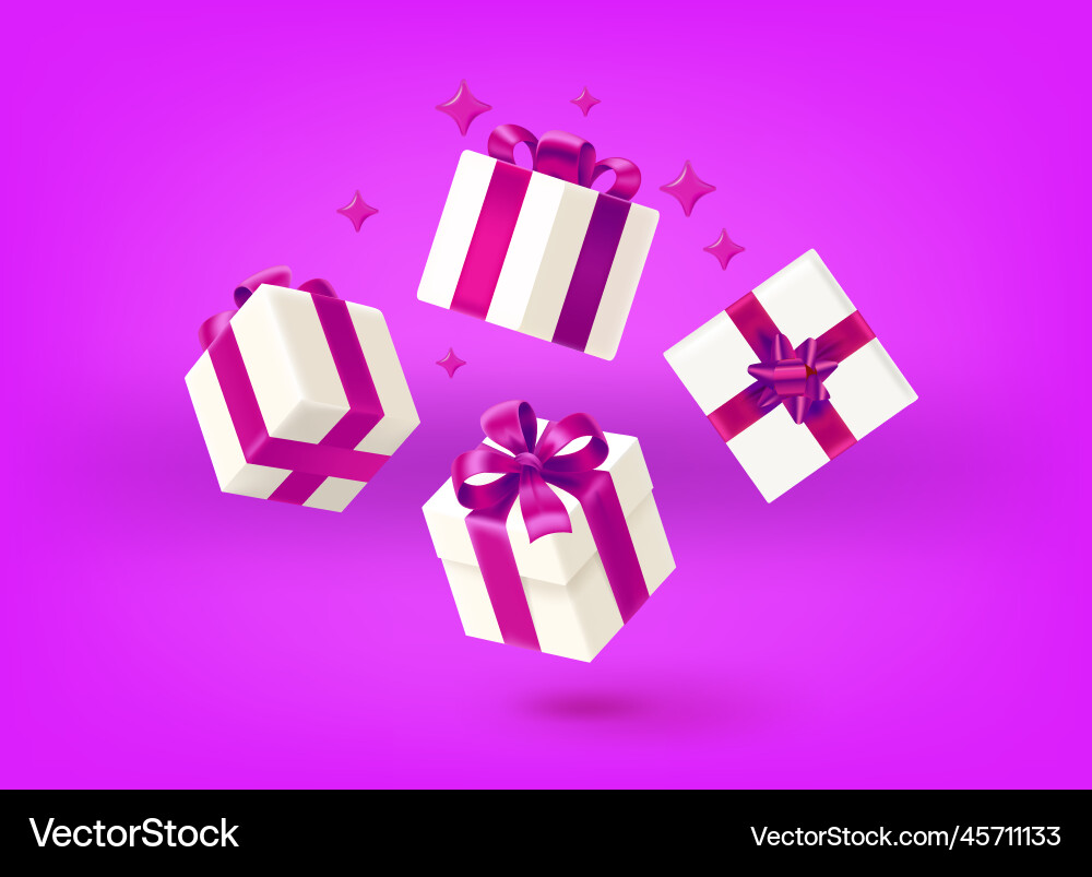 White gift boxes with violet ribbons and bow vector image