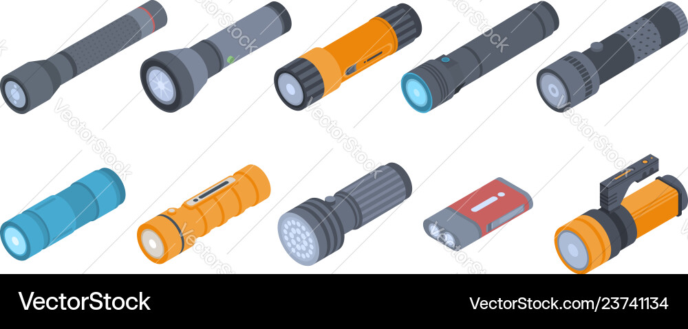 Flashlight icons set isometric style Flashlight icons set isometric style vector image