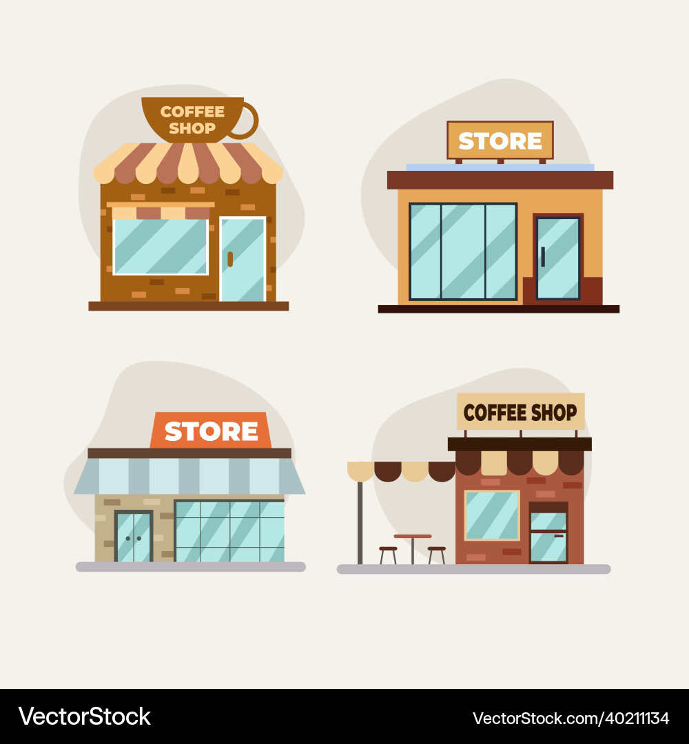 Front view set of shop and super store flat Front view set of shop and super store flat vector image