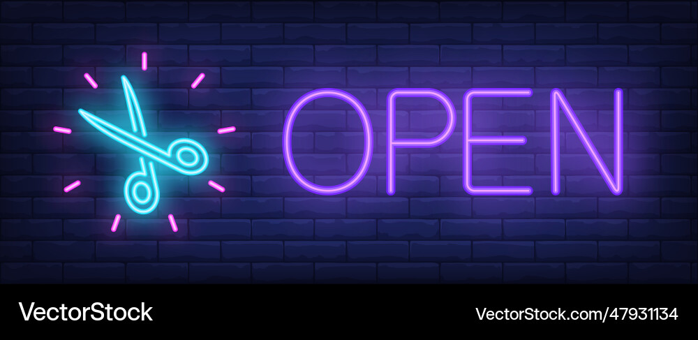 Open neon text with shining scissors Open neon text with shining scissors vector image