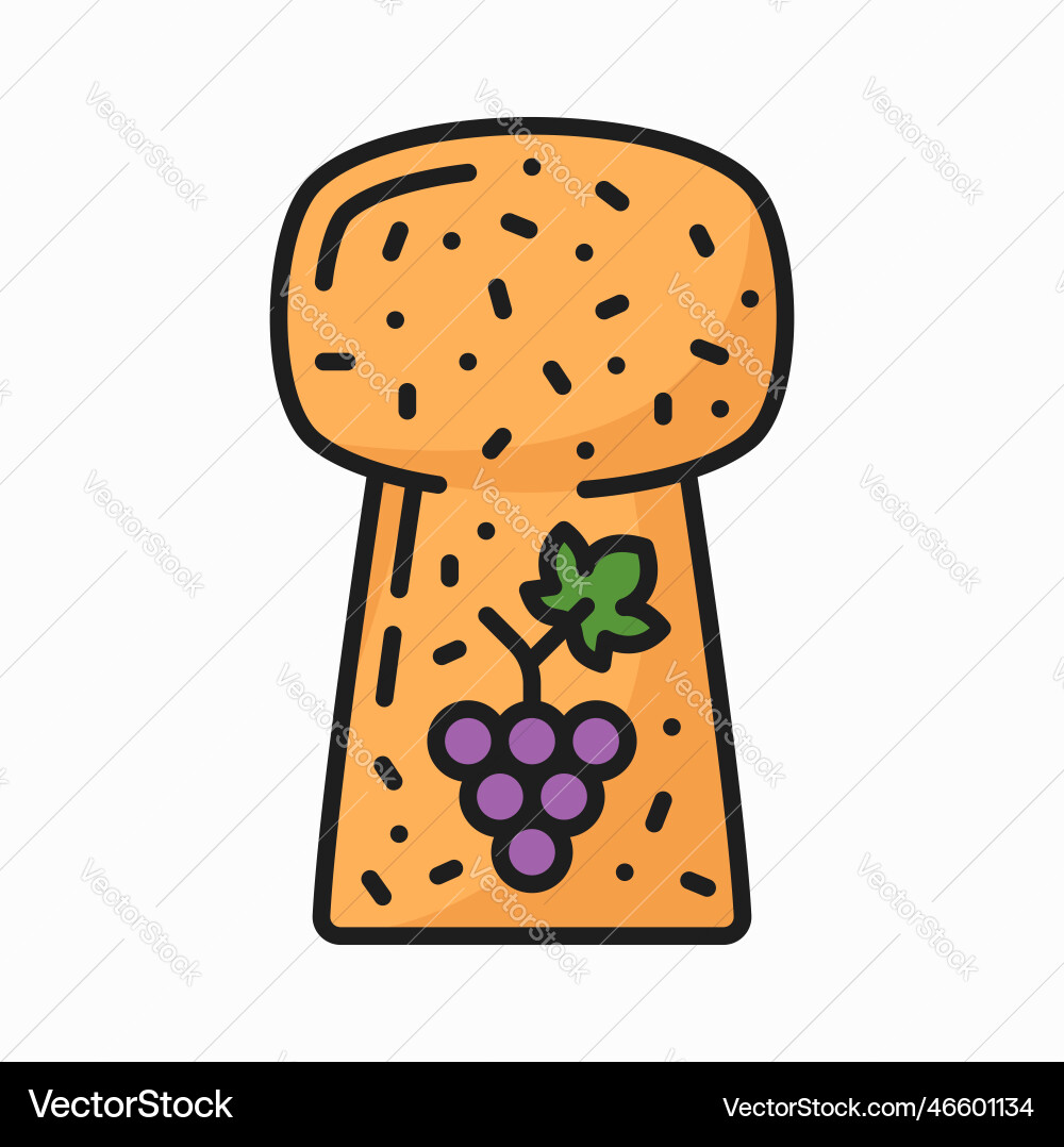 Wine cork with grape branch print outline icon vector image