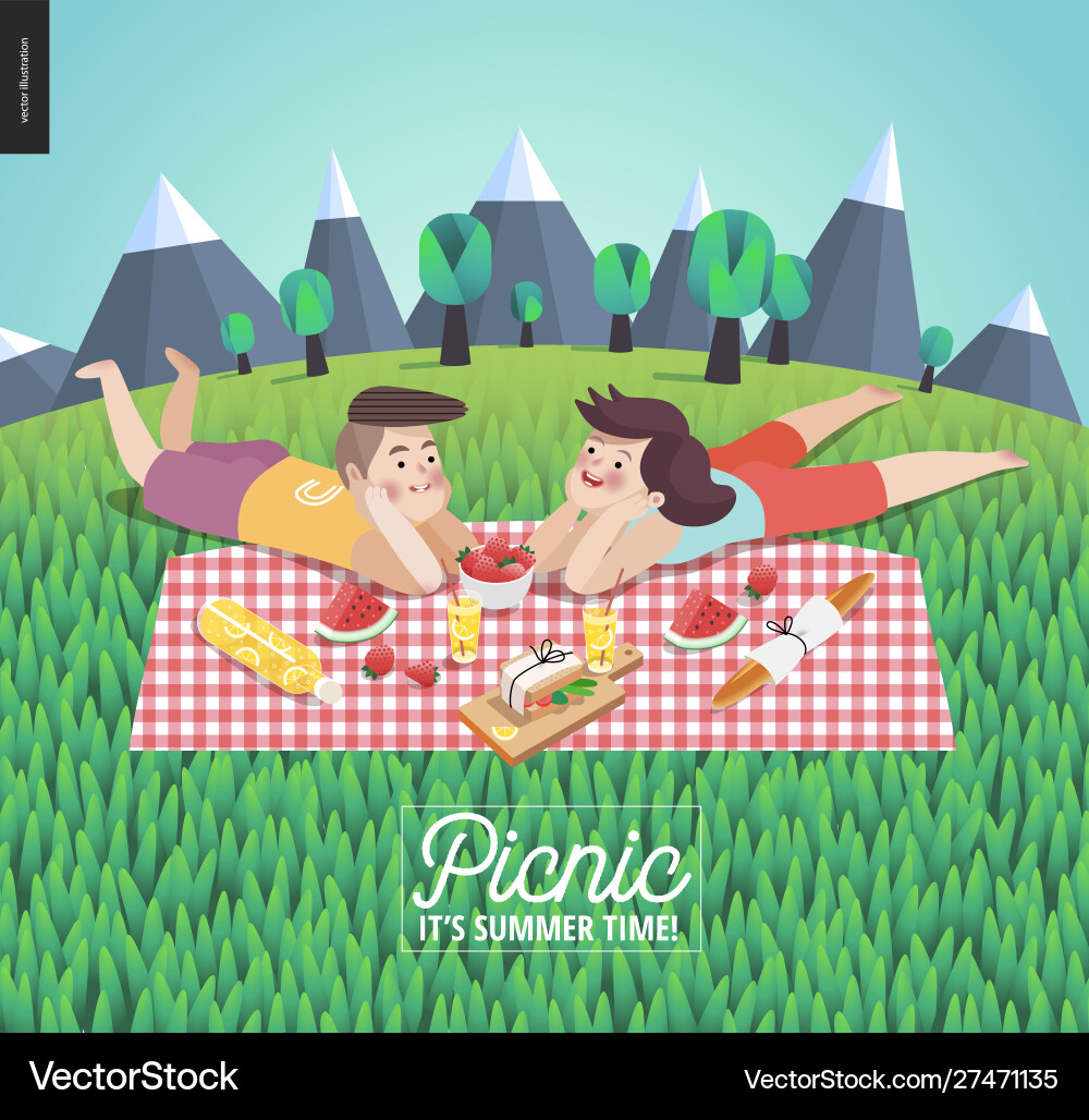 Junges Paar auf Picknickschablone mit Gras Junges Paar auf Picknickschablone mit Gras vektorbild