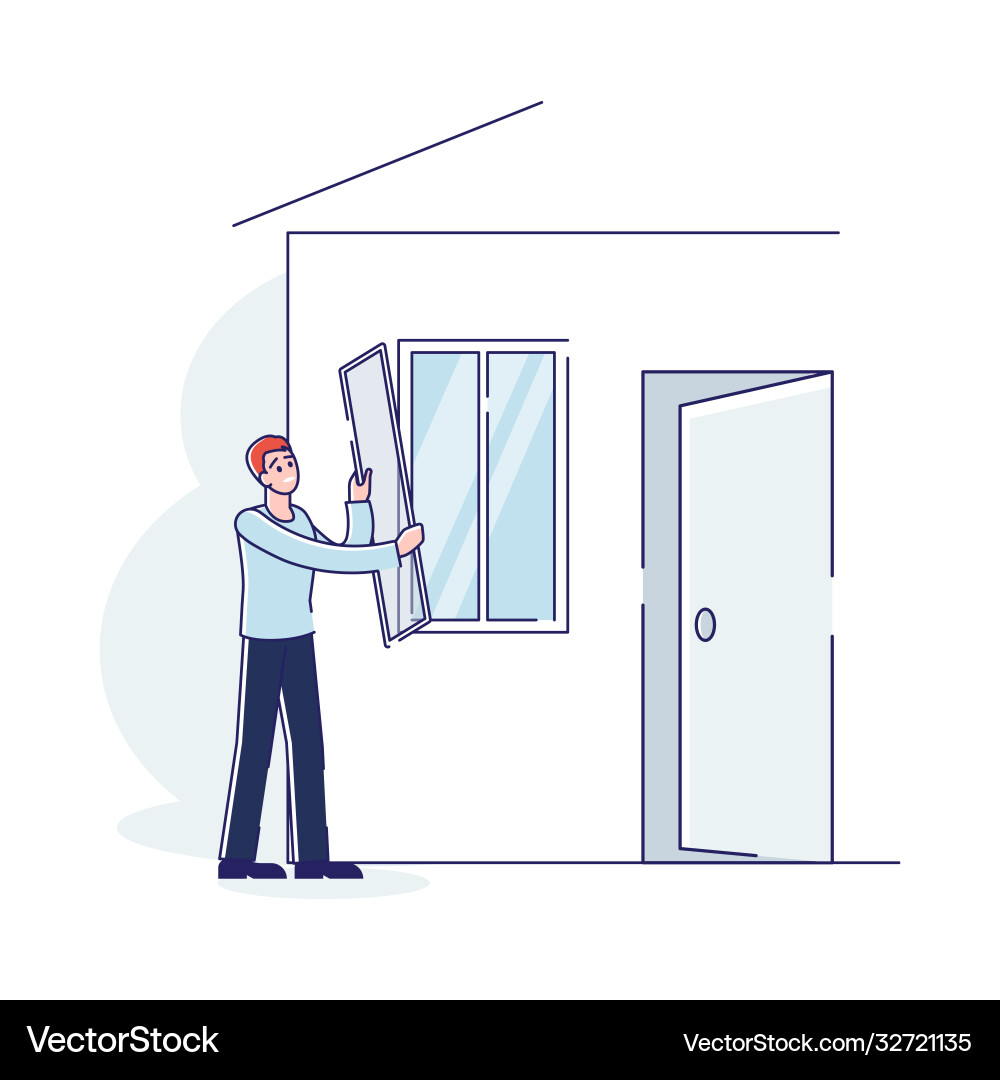 Man putting mosquito net on window to protect home Man putting mosquito net on window to protect home vector image