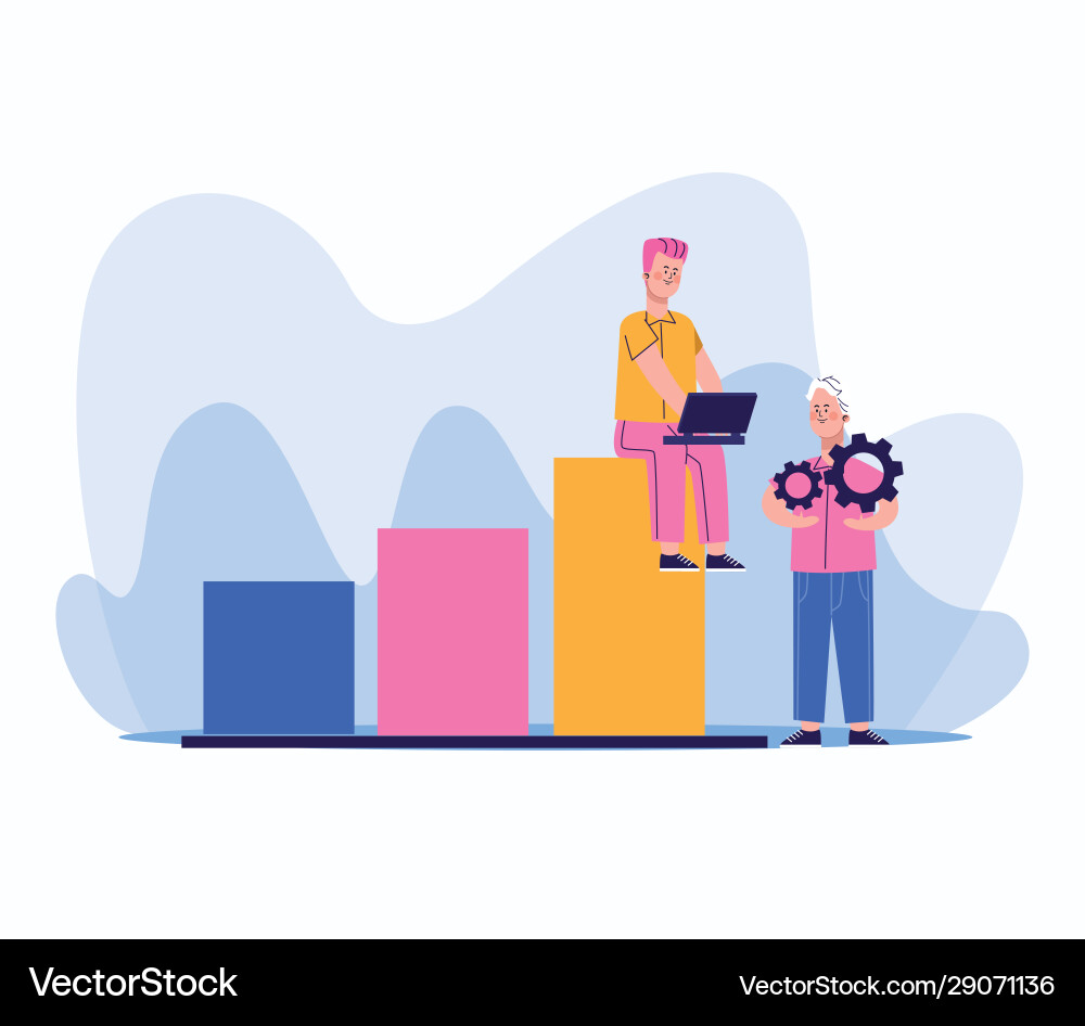 Man using a laptop computer sitting on chart bar vector image