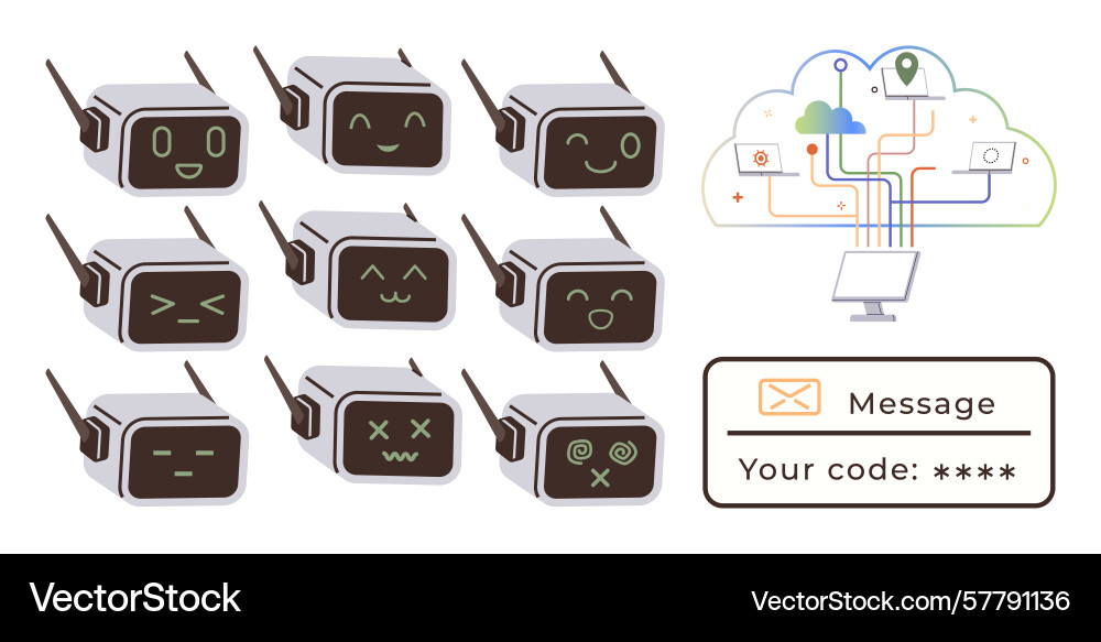 Robotic faces with varied emotions linked to cloud Robotic faces with varied emotions linked to cloud Vector Image
