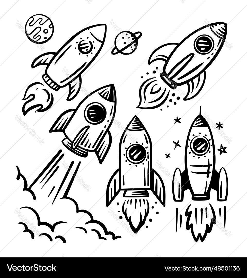 Rocket Hand gezeichnete Zeichnung Startset Astronomie Rocket Hand gezeichnete Zeichnung Startset Astronomie vektorbild