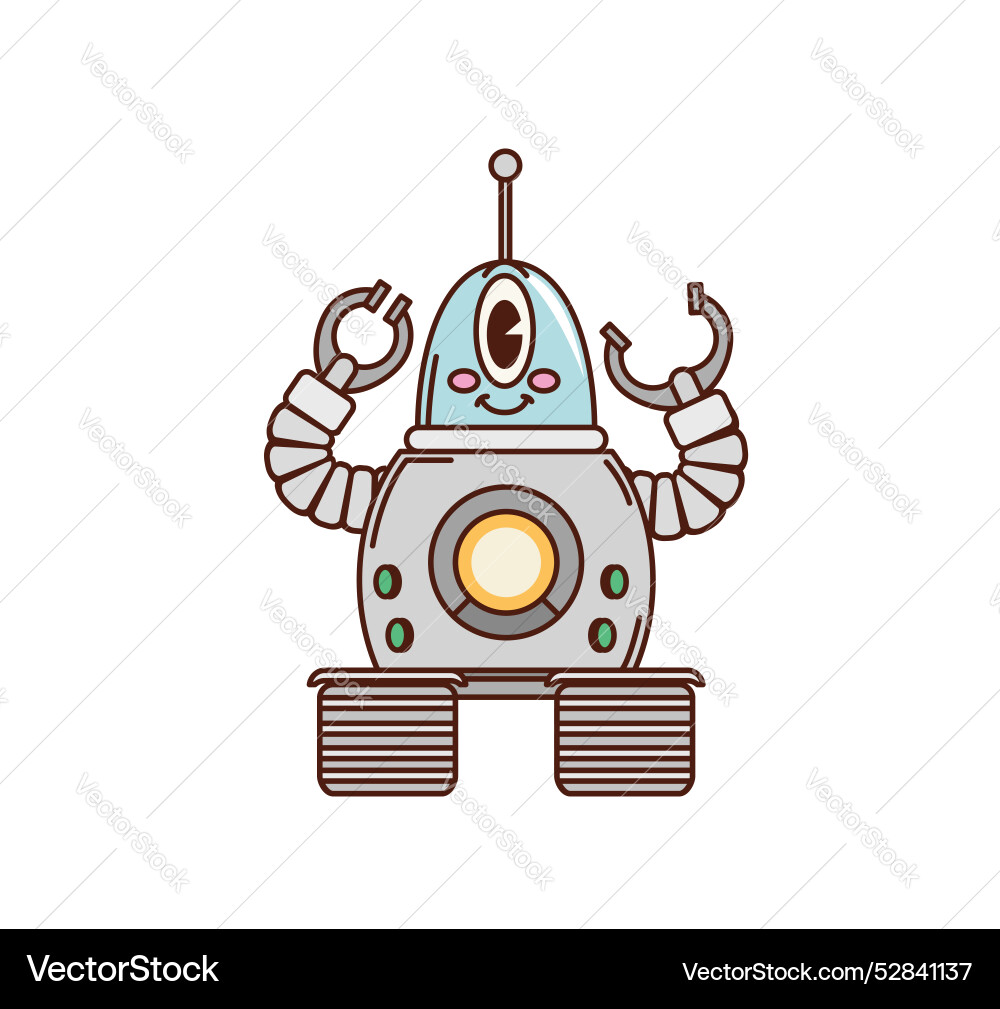 Cartoon robot retro groovy character bot on wheels Cartoon robot retro groovy character bot on wheels Vector Image