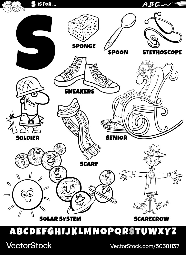 Letter s set with cartoon objects and characters Letter s set with cartoon objects and characters vector image