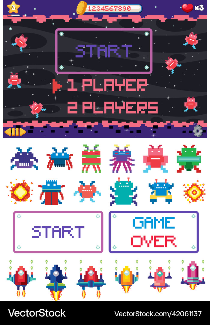 Retro pixel space game interface Retro pixel space game interface vector image