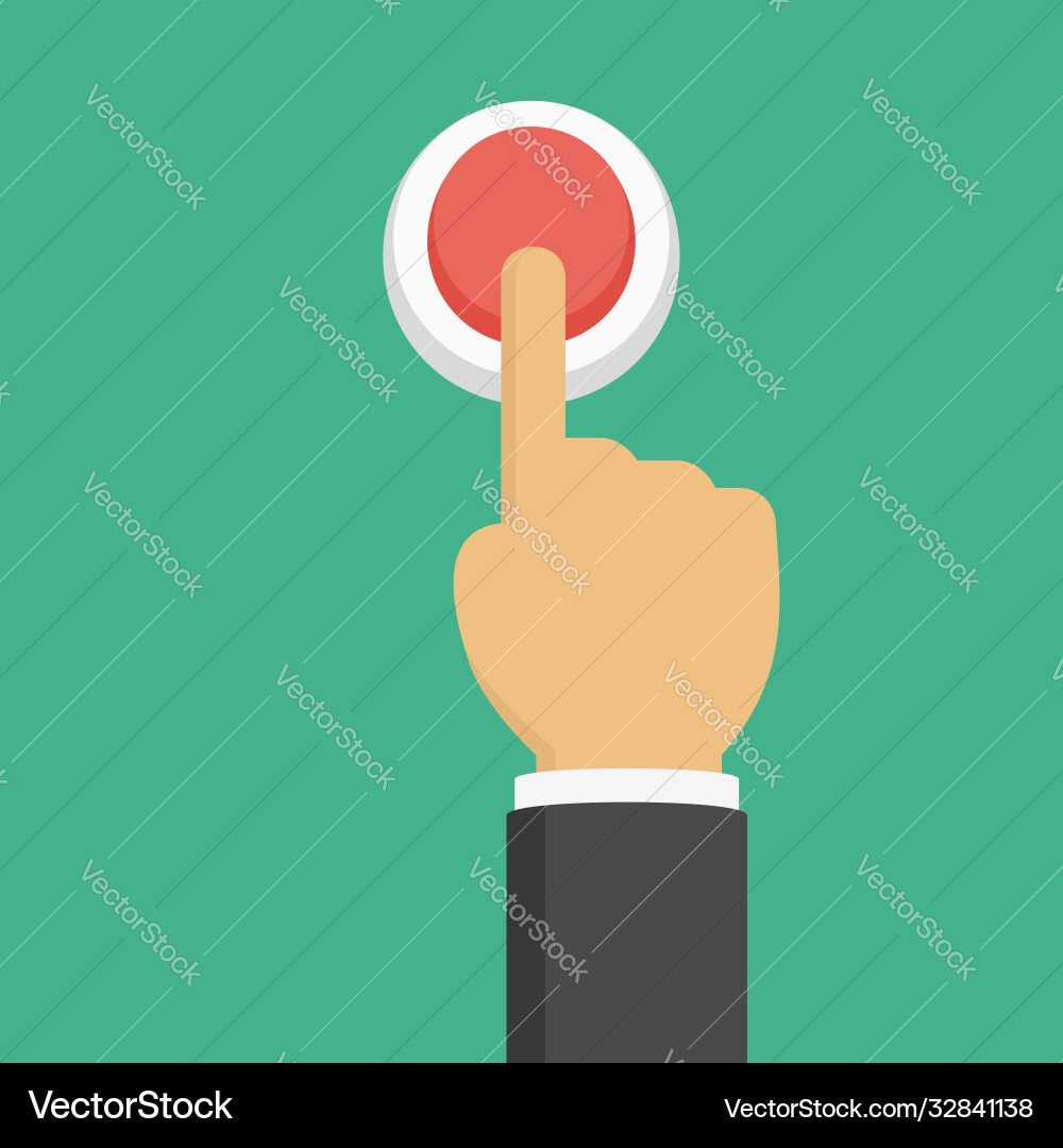 Hand pressing red button top view flat style Vector Image