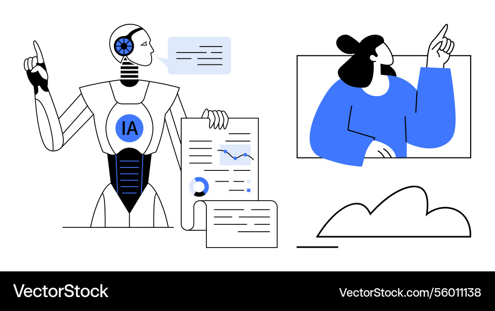 Robot and person collaborating analyzing data Robot and person collaborating analyzing data Vector Image