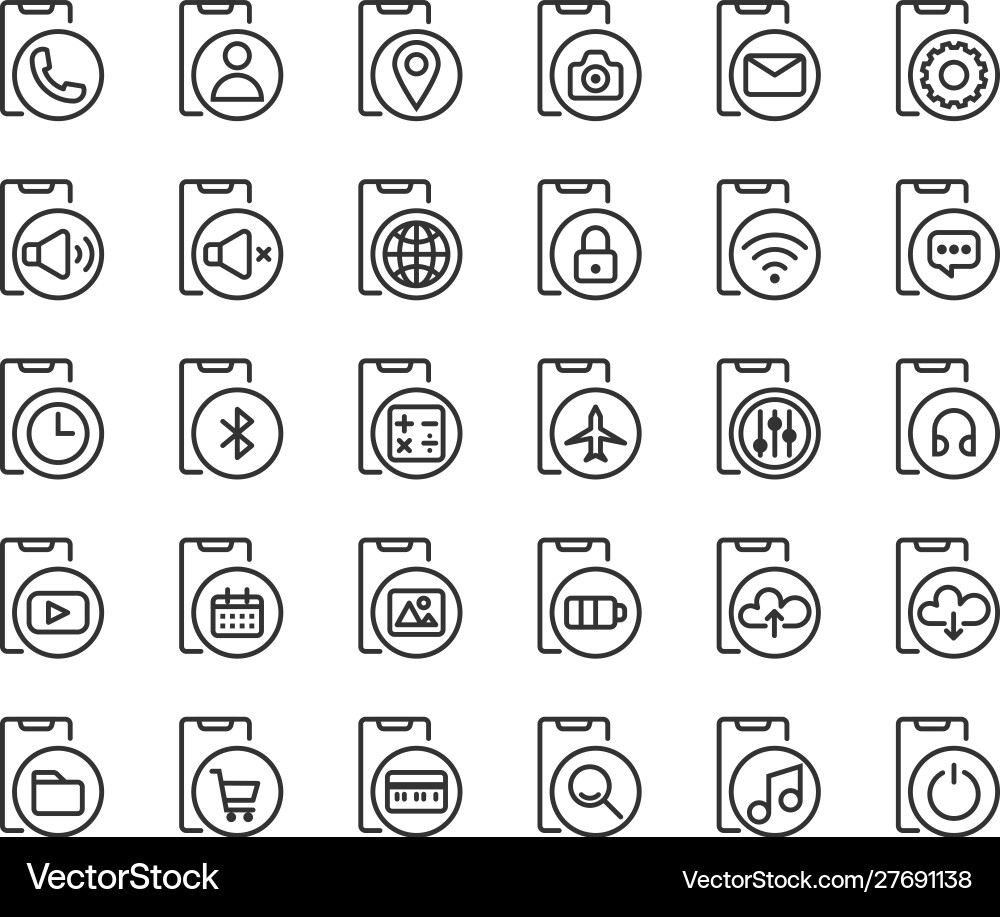 Smartphone functions and apps outline icon set Smartphone functions and apps outline icon set vector image
