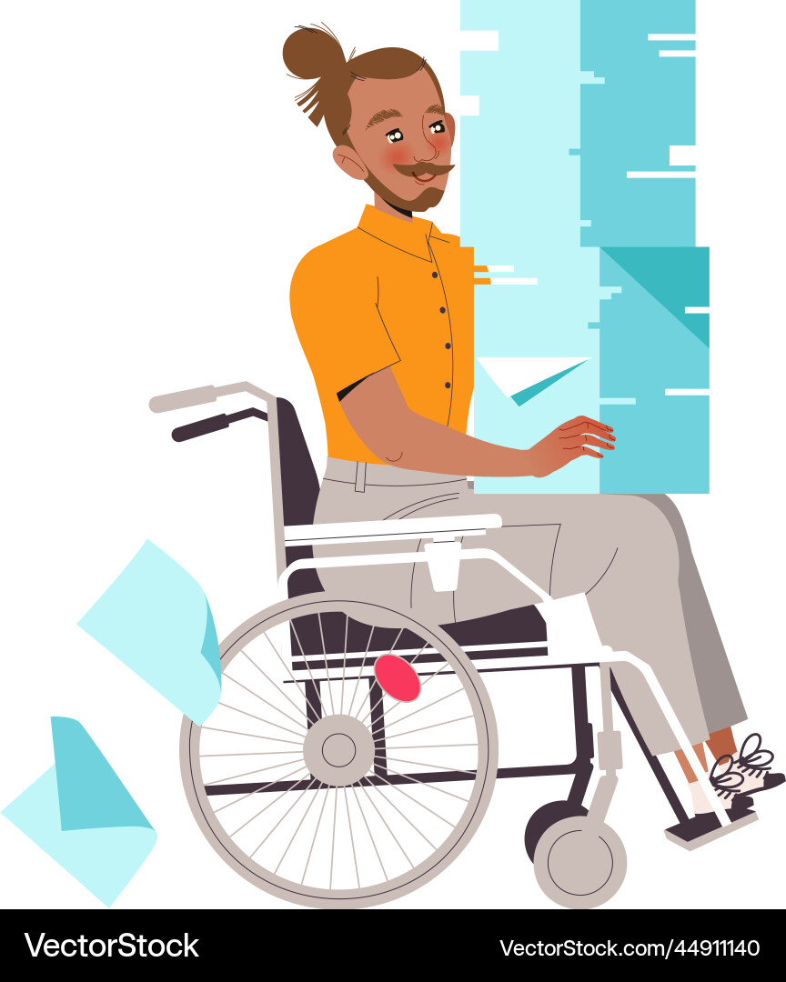 Man character on wheelchair with huge stack Man character on wheelchair with huge stack vector image