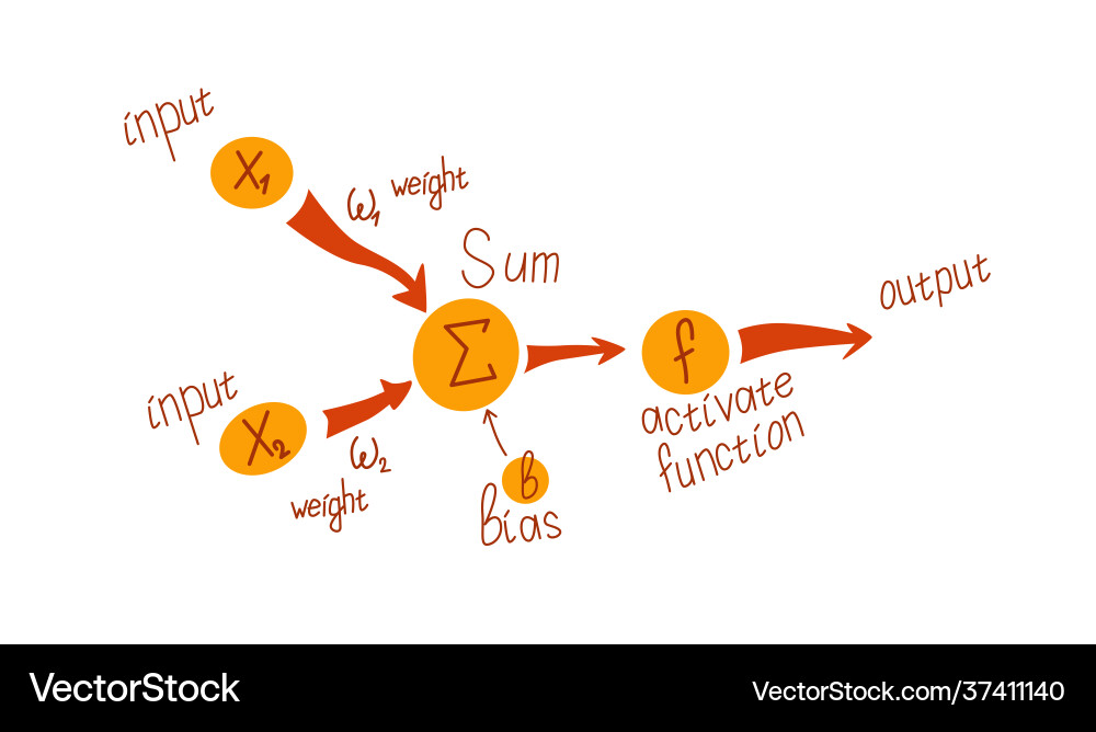 Structure an artificial neuron made in doodle Structure an artificial neuron made in doodle vector image