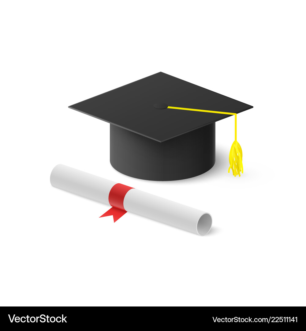 Realistic graduation hat and rolled diploma Realistic graduation hat and rolled diploma vector image