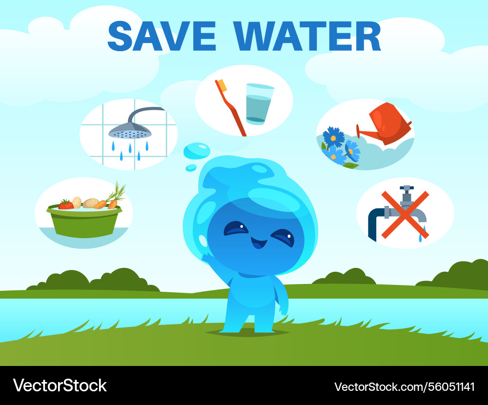 Save water cartoon drop character funny mascot Save water cartoon drop character funny mascot vector image