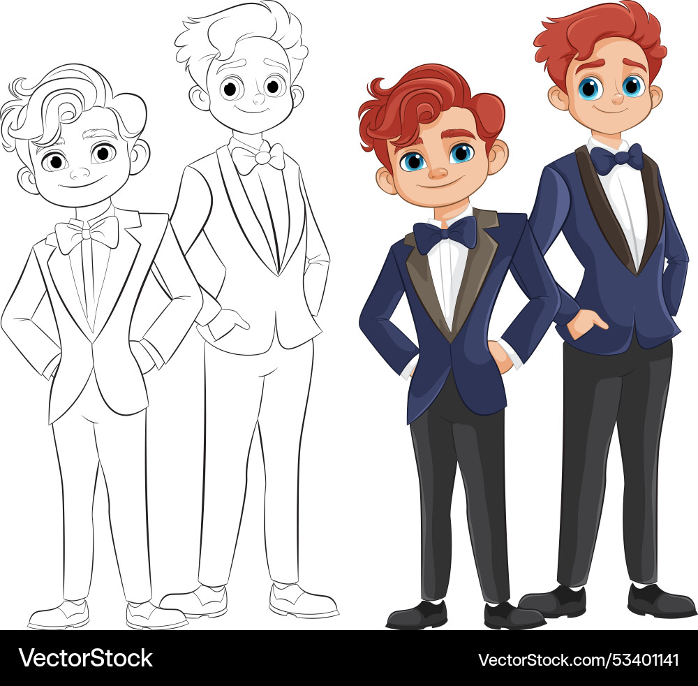 Two characters in tuxedos one colored outlined Vector Image