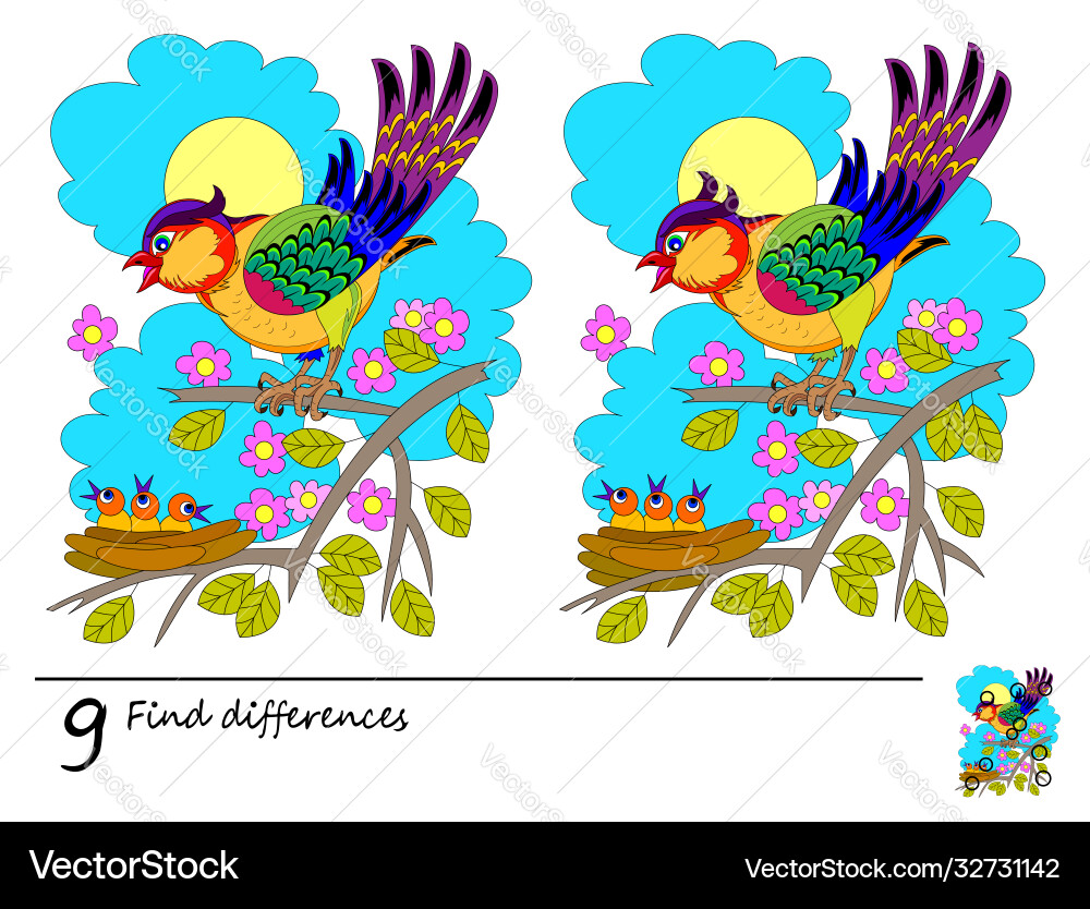 Find 9 differences logic puzzle game for children Find 9 differences logic puzzle game for children vector image