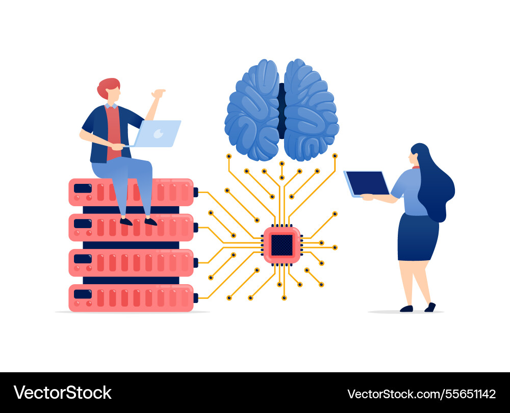 People accessing a database linked to an ai brain People accessing a database linked to an ai brain vector image