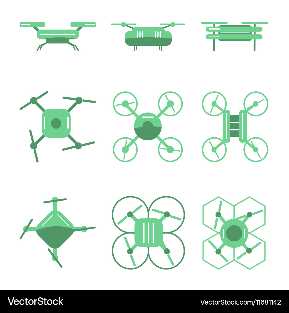 Set of simple different drones on isolated vector image
