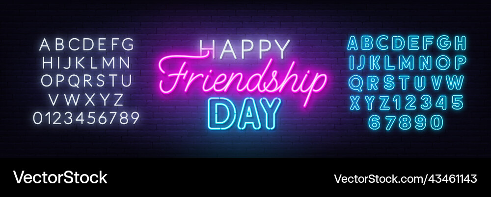 Happy friendship day neon lettering on brick wall Happy friendship day neon lettering on brick wall vector image
