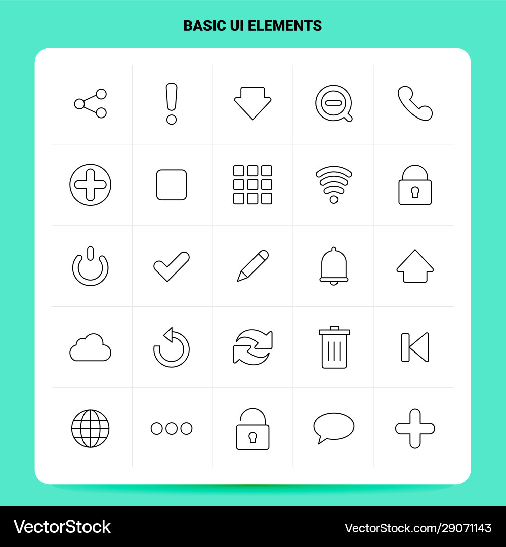 Outline 25 basic ui elements icon set line style Outline 25 basic ui elements icon set line style vector image