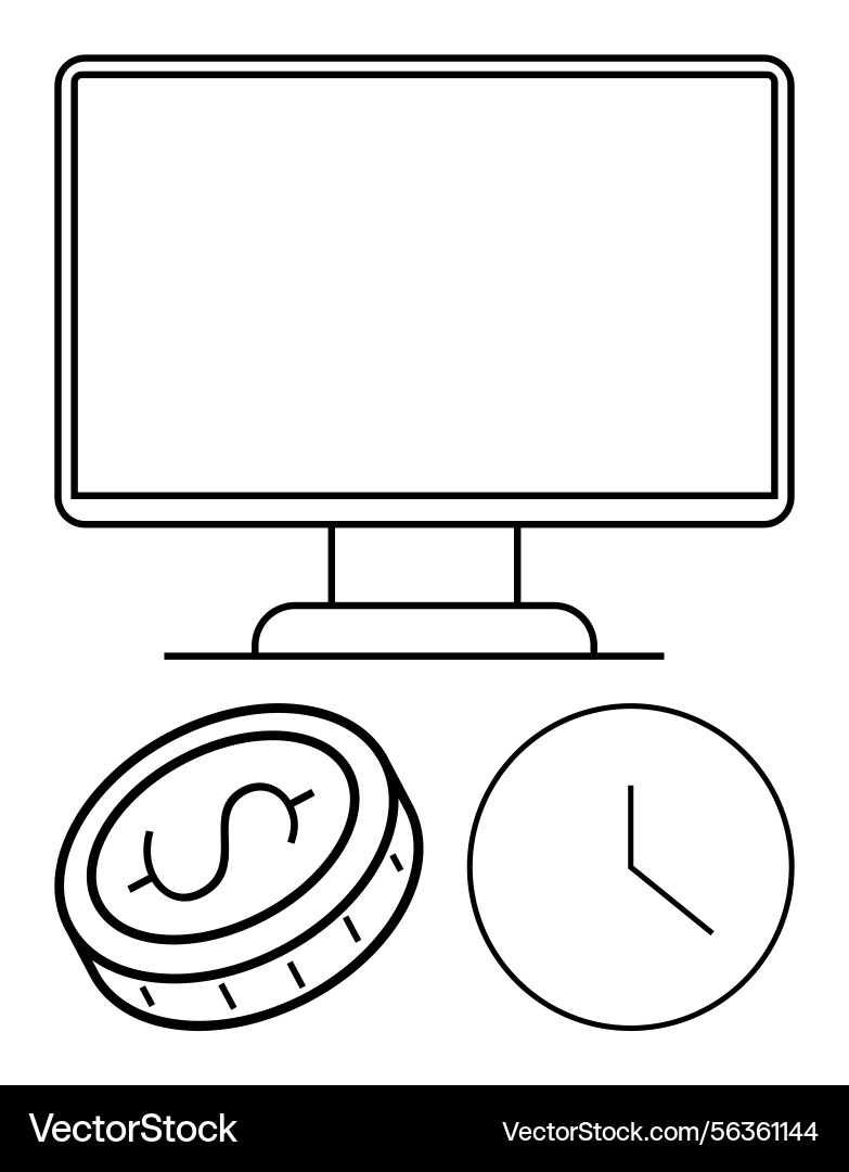 Computer monitor with dollar coin and clock Computer monitor with dollar coin and clock vector image