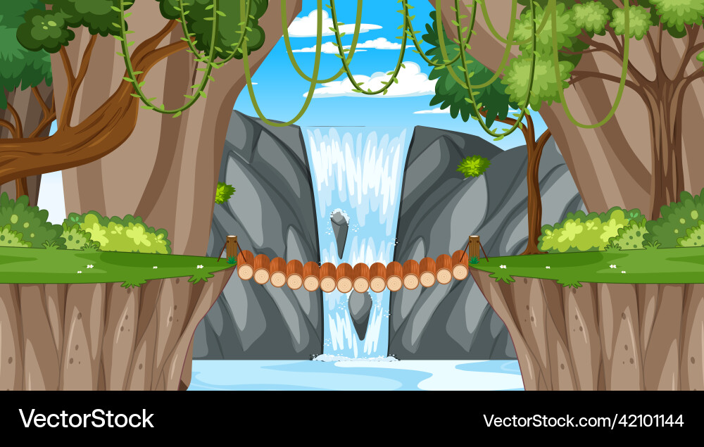 Nature scene with many trees and waterfall Nature scene with many trees and waterfall vector image