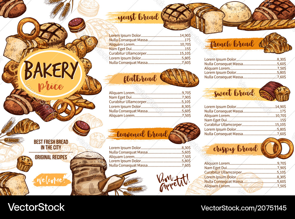 Bakery menu template of bread for cafe and pastry Bakery menu template of bread for cafe and pastry vector image
