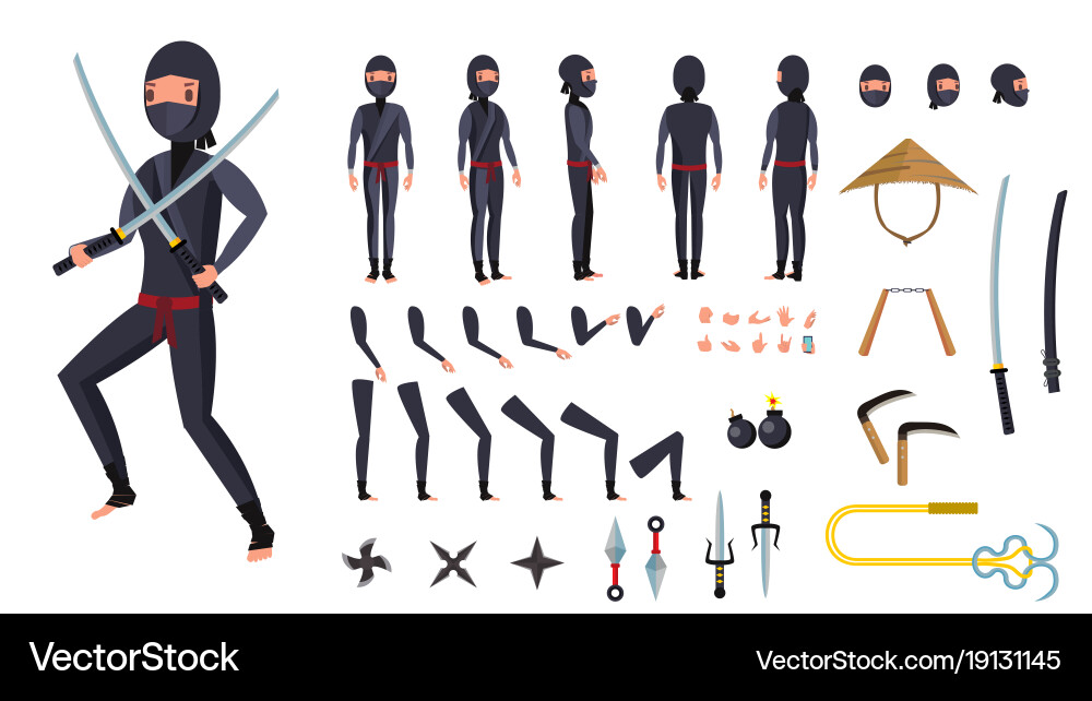 Ninja animated character creation set Vector Image