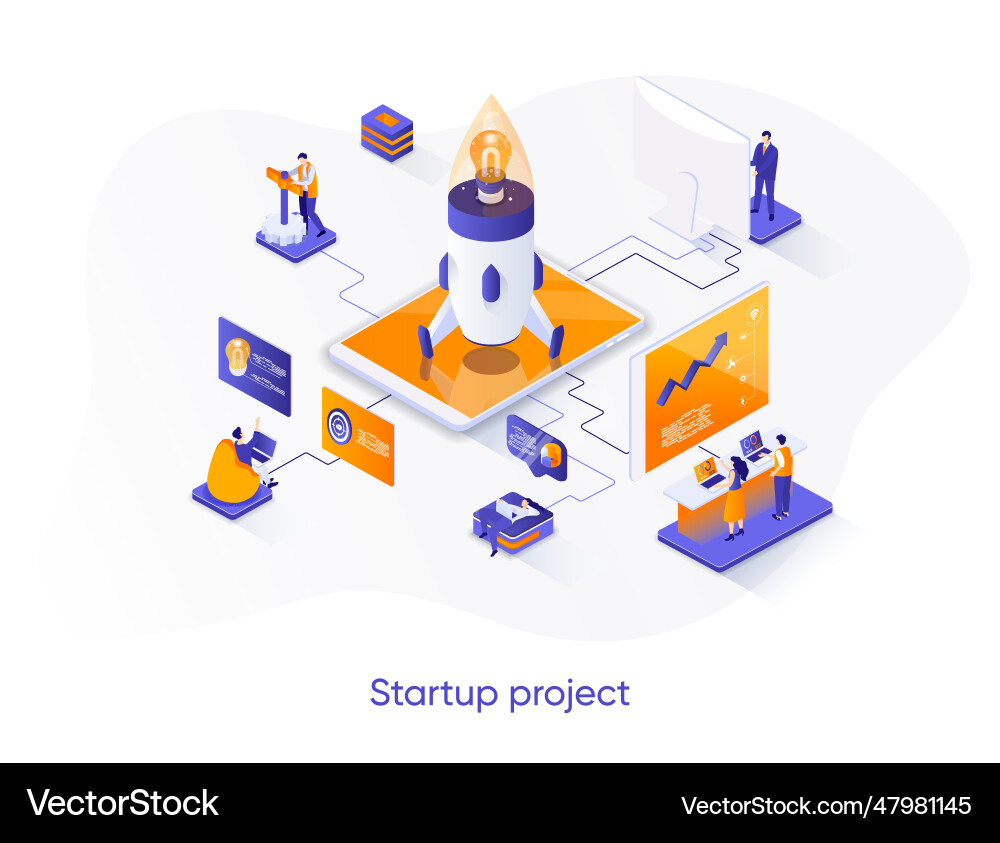 Startup project isometric web banner team Vector Image