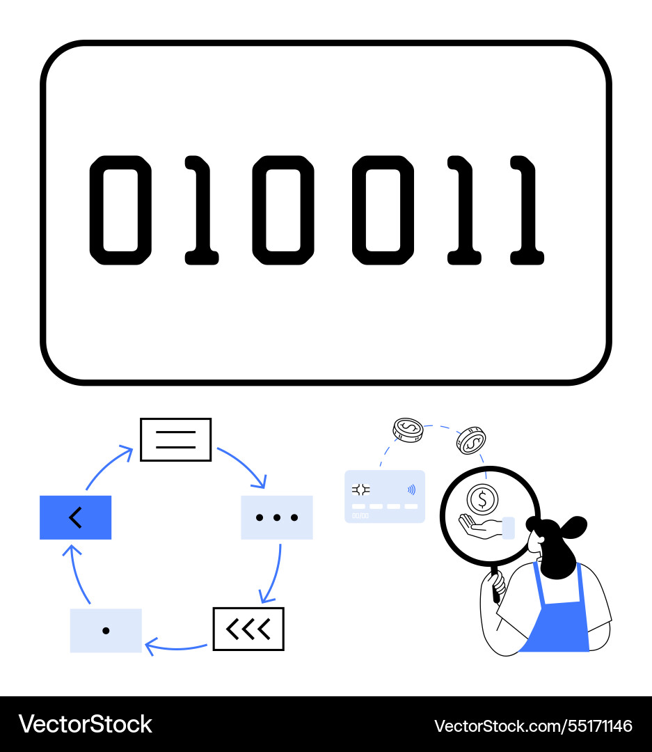 Binary code and process flow diagram highlighting Binary code and process flow diagram highlighting Vector Image