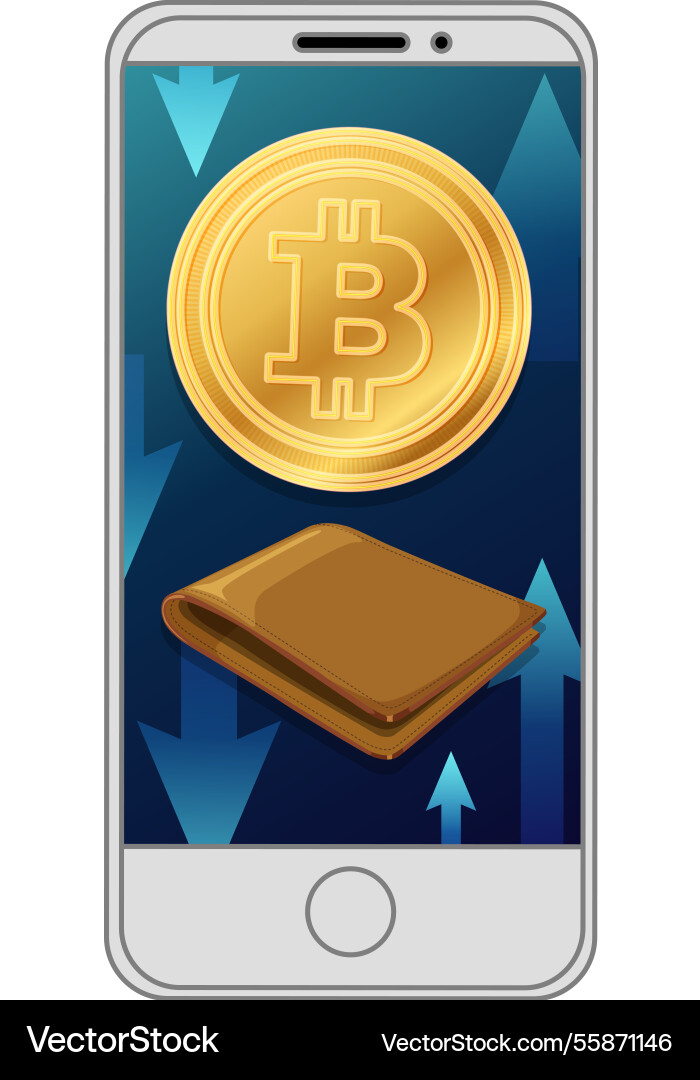 Bitcoin and wallet on smartphone with arrows Vector Image