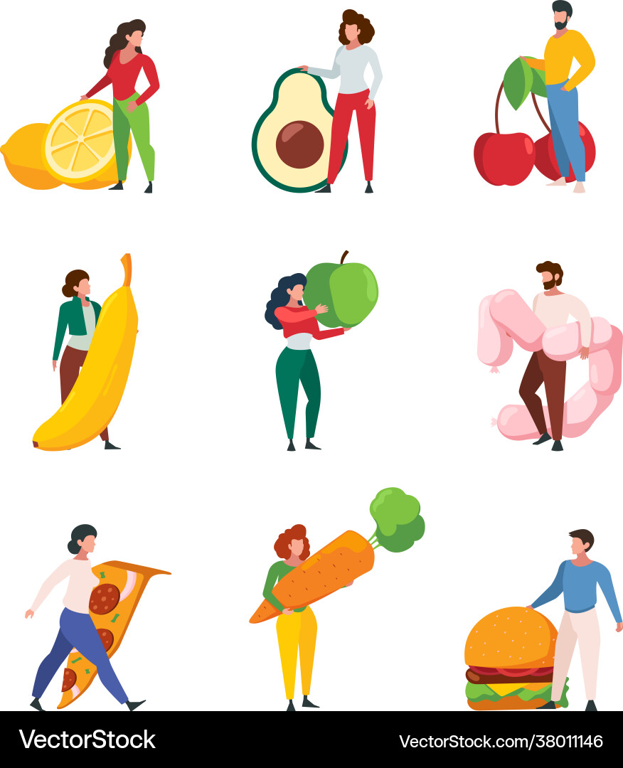 People holding food characters with products vector image