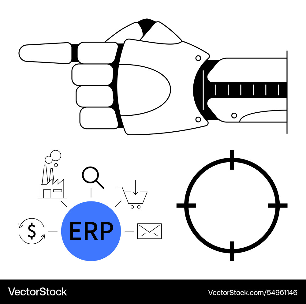 Robot hand pointing at erp integration icons Robot hand pointing at erp integration icons vector image