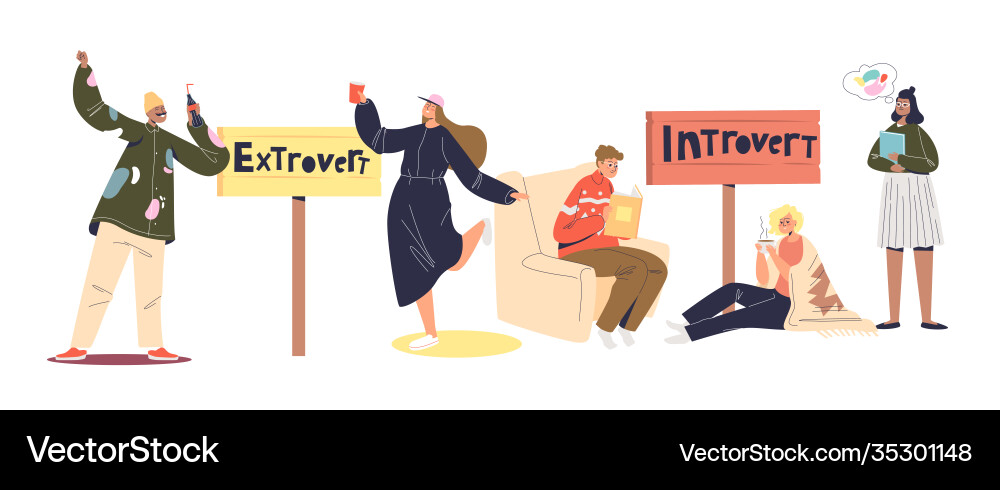 Extravert and introvert cartoon characters set Extravert and introvert cartoon characters set Vector Image
