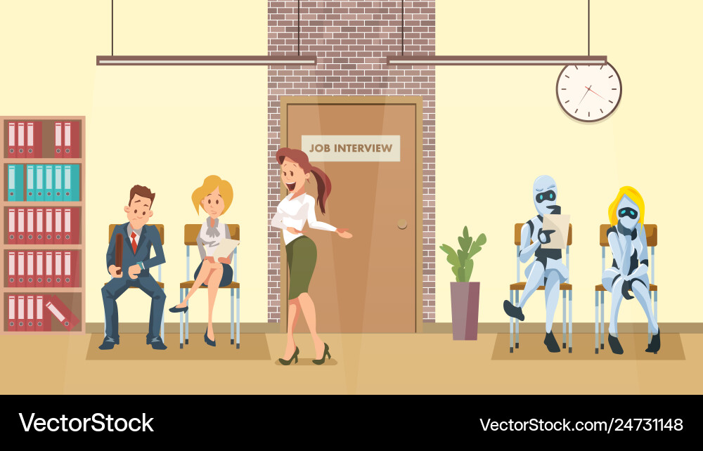 Menschen und Roboter Schlange an der Tür im Bürokorridor Menschen und Roboter Schlange an der Tür im Bürokorridor vektorbild