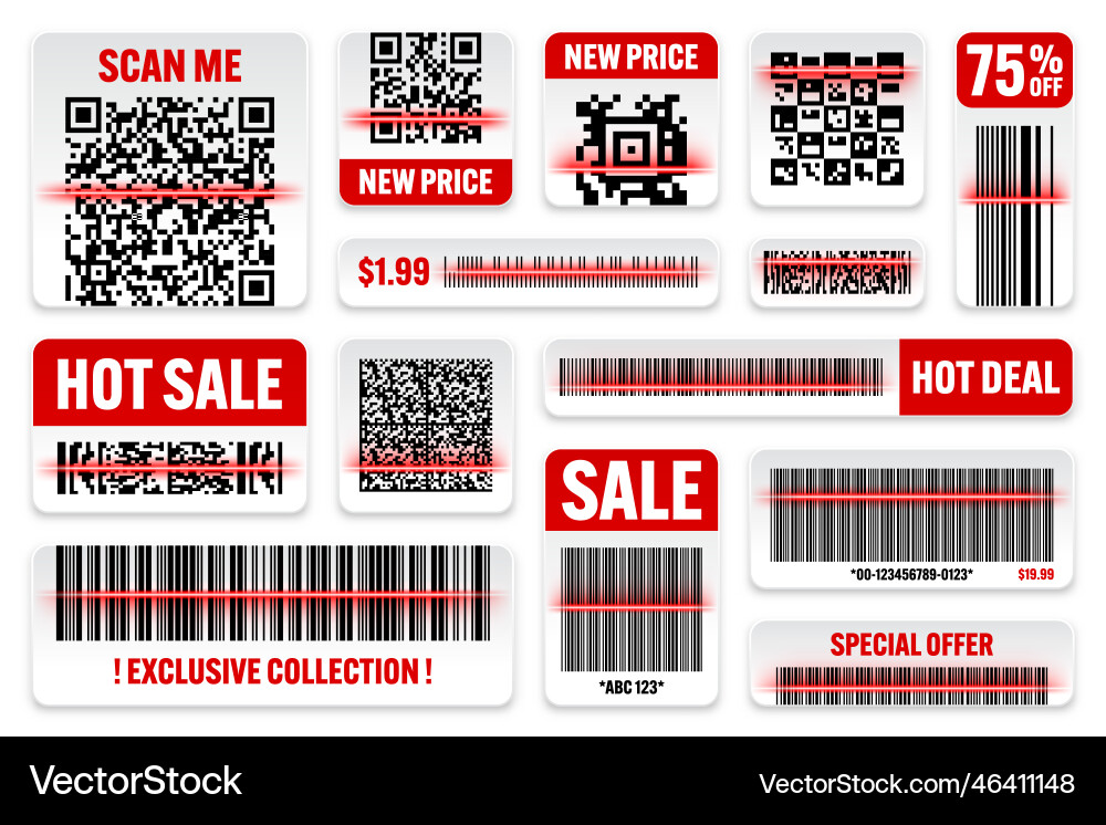 Product barcodes and qr codes with red scanning Product barcodes and qr codes with red scanning vector image