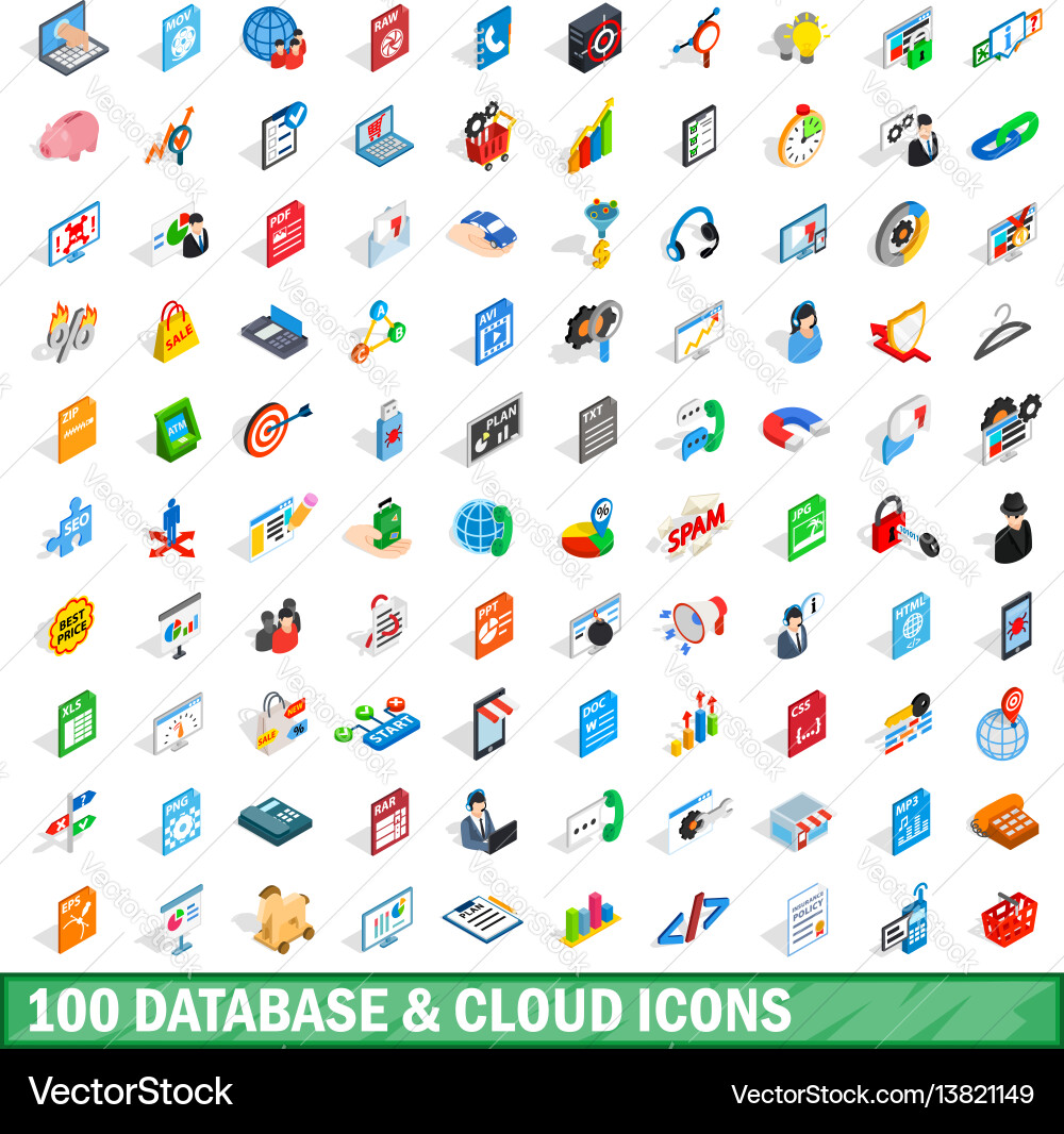 100 database and cloud icons set isometric style 100 database and cloud icons set isometric style vector image