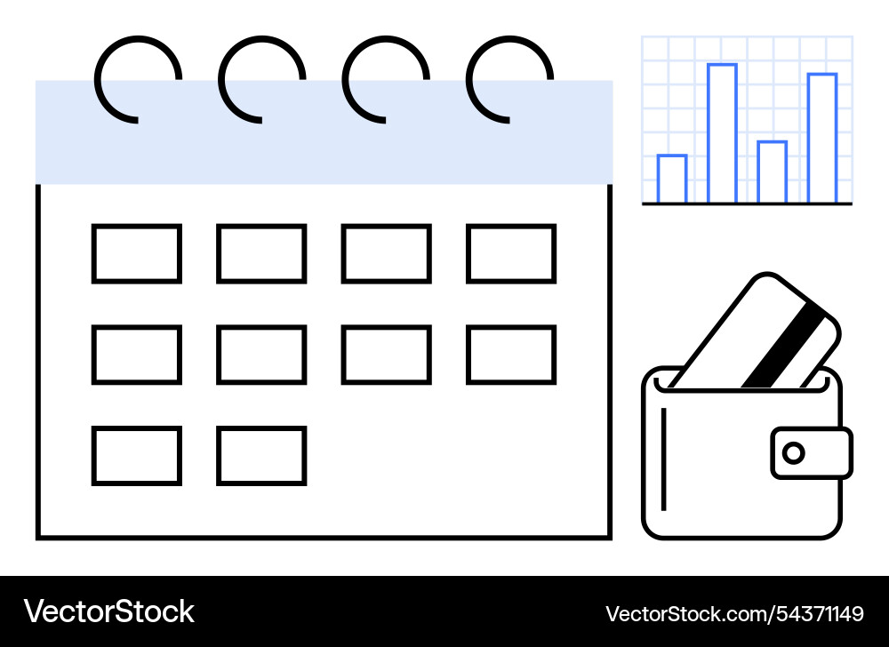 Calendar with bar chart analysis and wallet Calendar with bar chart analysis and wallet vector image