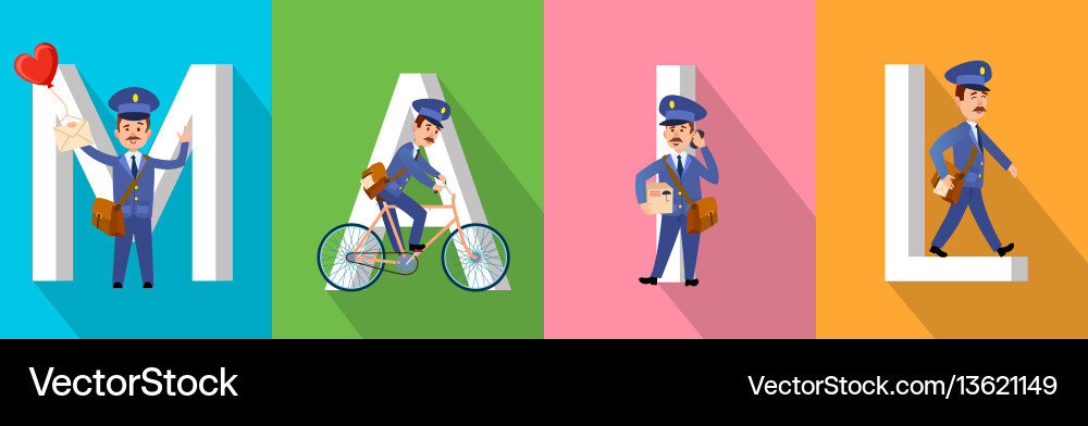 Mail banner with letters and postman character set Vector Image