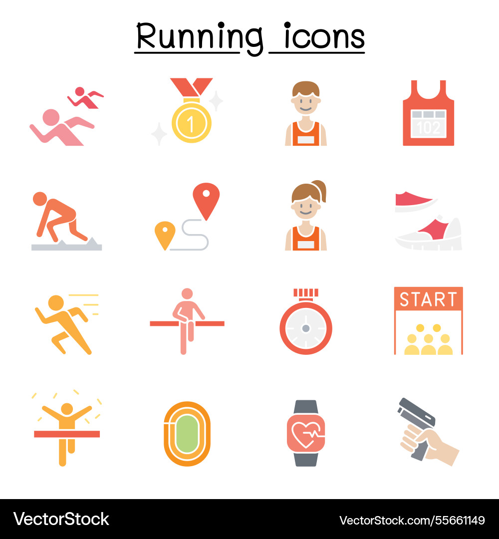 Running competition icon set in flat color style Running competition icon set in flat color style vector image