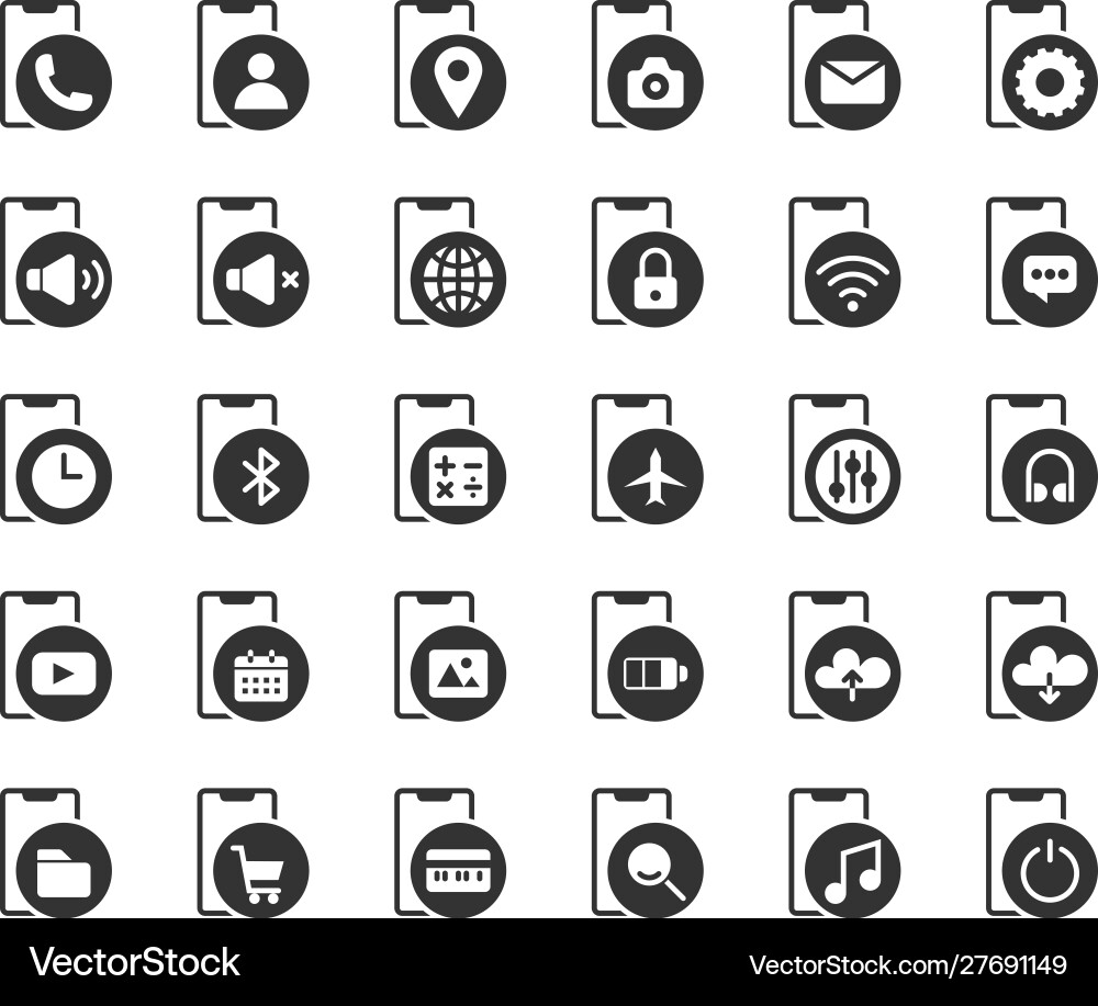 Smartphone functions and apps solid icon set Smartphone functions and apps solid icon set vector image
