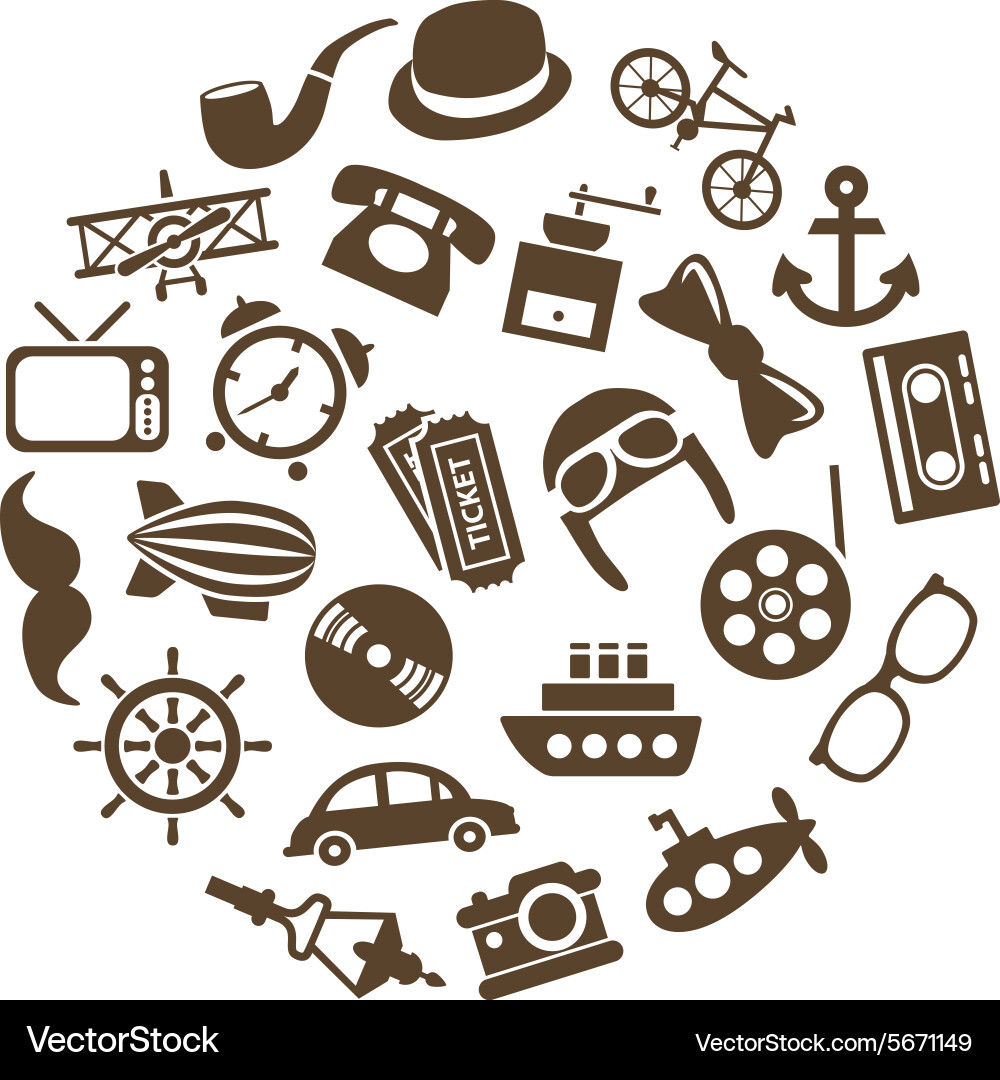 Vintage objects icons in circle vector image